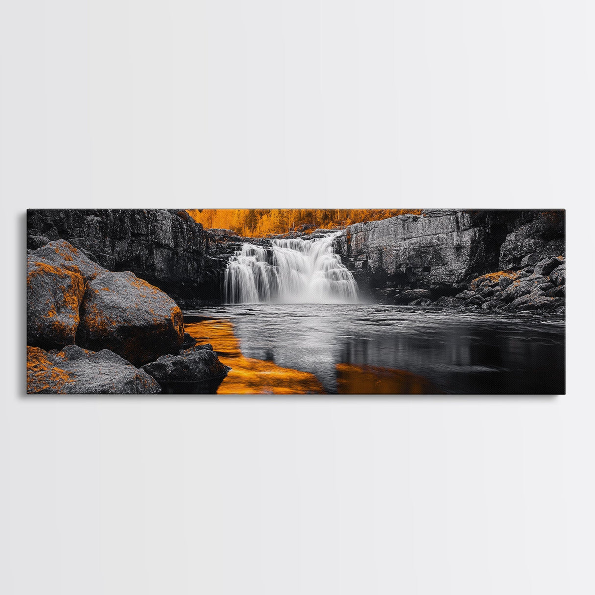 Autumn Waterfall, Fall Trees, Golden Reflections, Tranquil Scene, Framed Canvas Print, Nature Wall Art, Seasonal Decor, Cozy Living Room