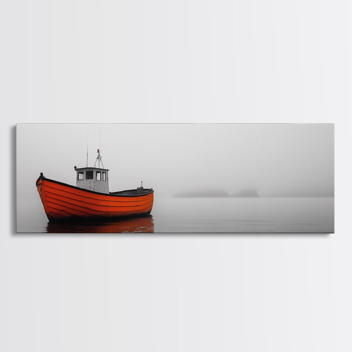 Orange Boat, Ocean Mist, Foggy Seascape, Calm Waters, Framed Canvas Print, Minimalist Nautical Art, Peaceful Wall Decor for Bedroom