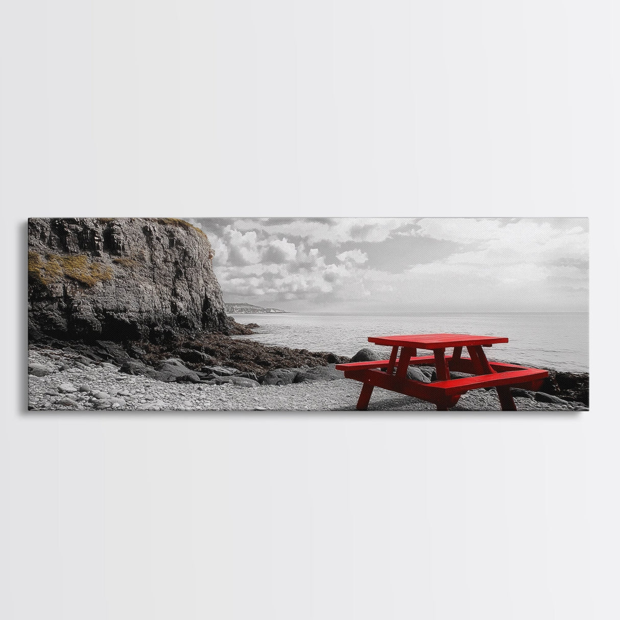 Red Picnic Table, Rocky Shore Cliffs, Bold Coastal View, Framed Canvas Print, Rustic Wall Art, Cabin Decor, Nature Lovers Gift