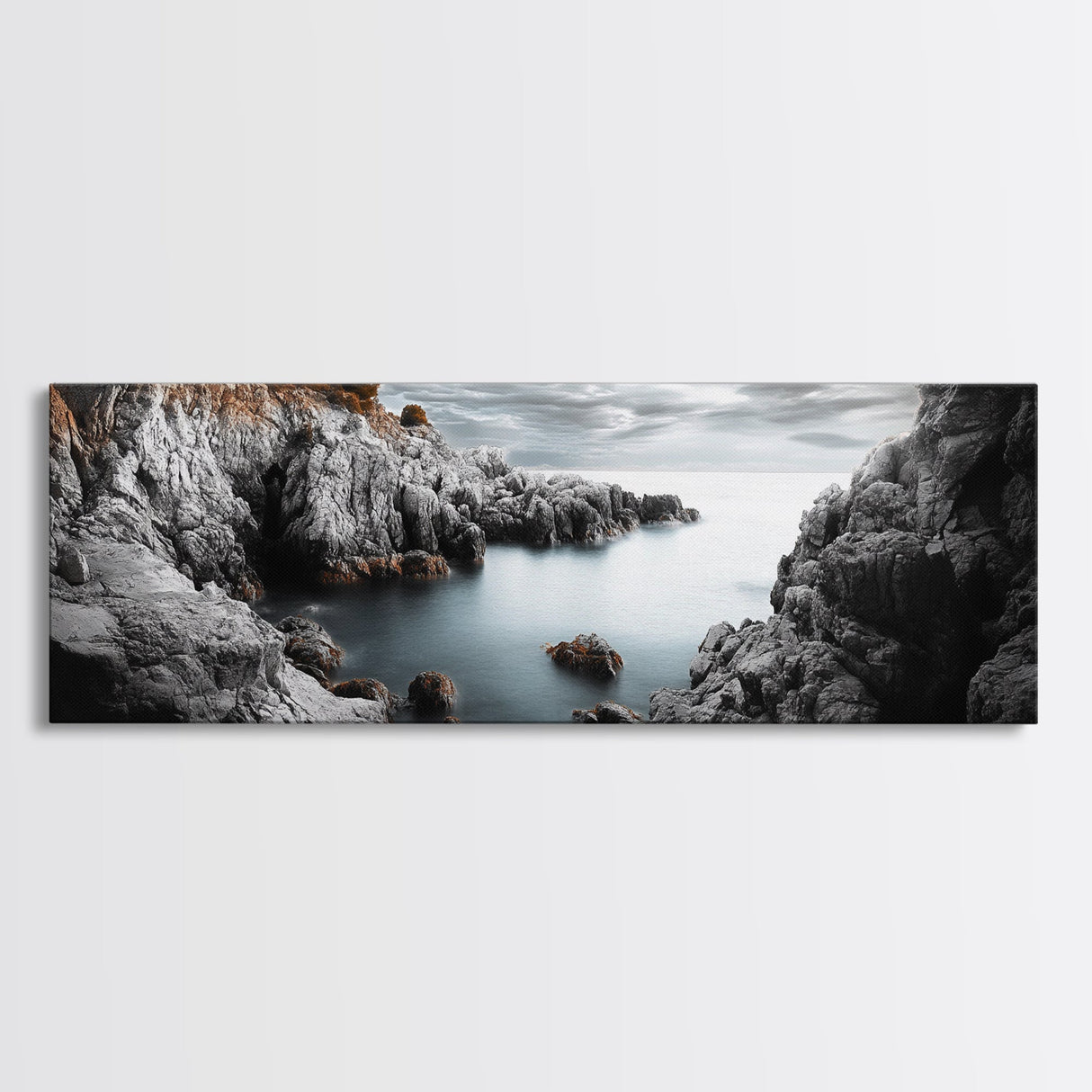 Hidden Rocky Cove, Tranquil Ocean View, Majestic Seascape, Framed Canvas Print, Nature Inspired Wall Art, Bedroom Coastal Decor