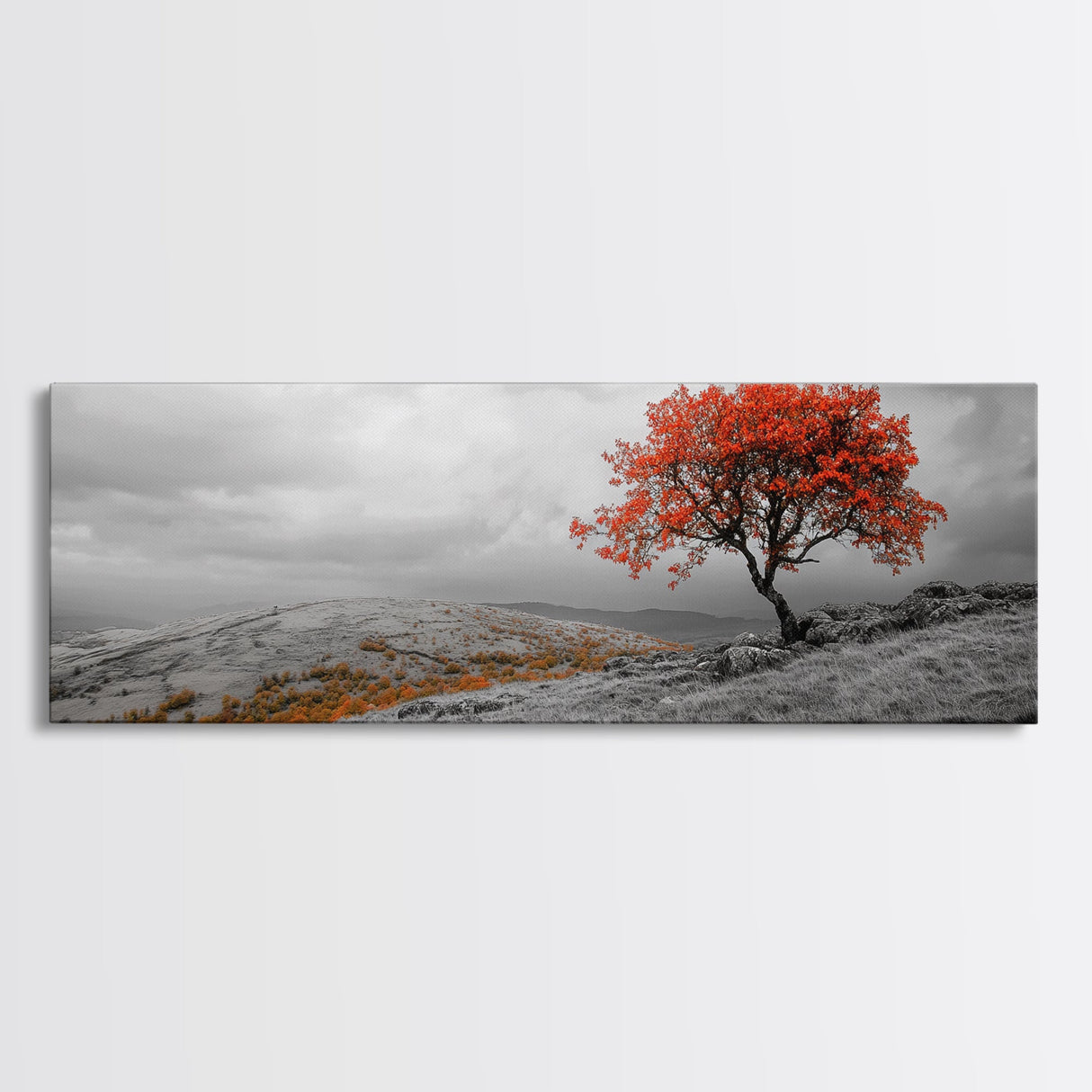Red Tree, Hilltop Vista, Fall Landscape, Vibrant Nature, Framed Canvas Print, Autumn Wall Art, Living Room Nature Photography