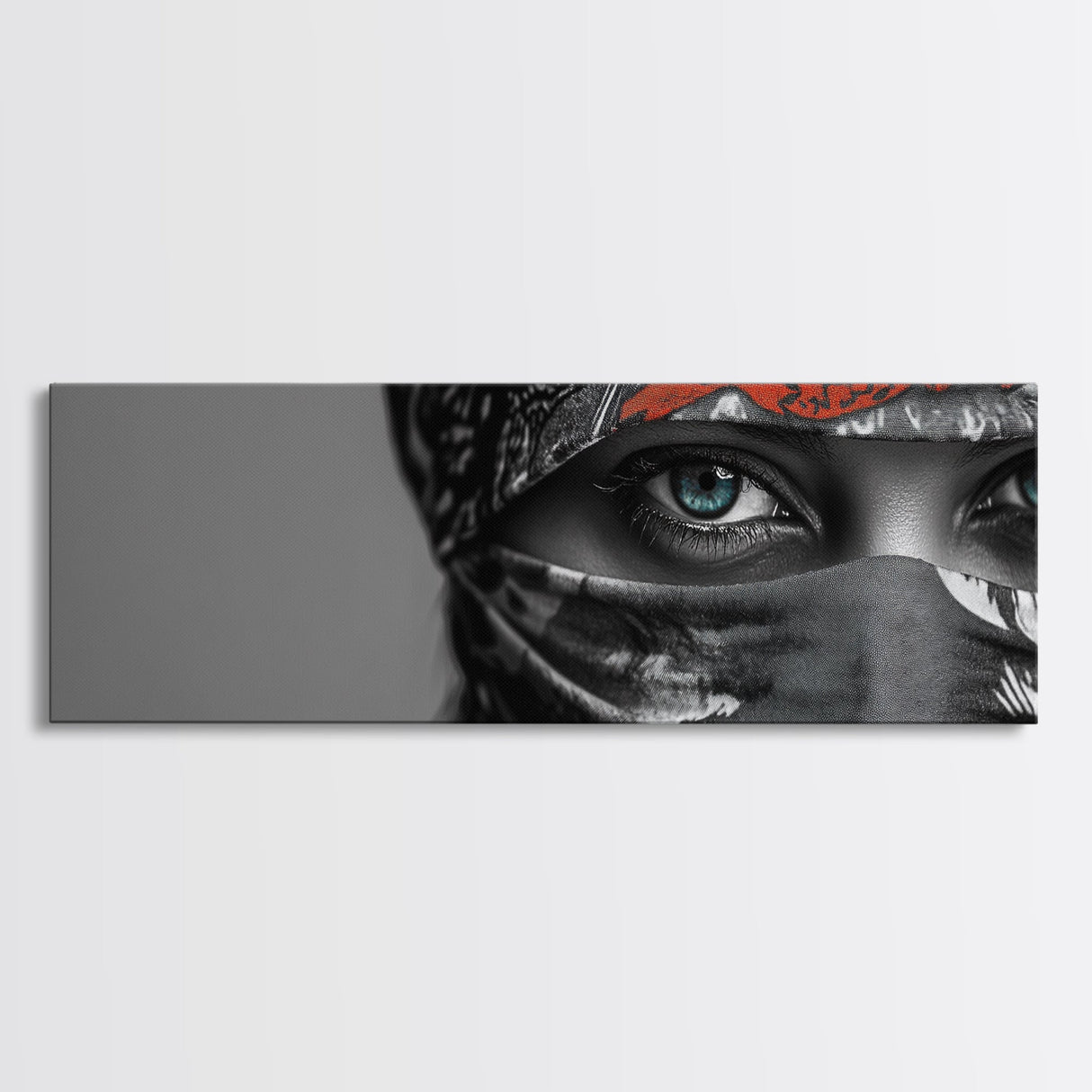 Eyes Closeup, Blue Eyes, Patterned Veil, Mysterious Portrait, Framed Canvas Print, Boho Bedroom Wall Art, Modern Glam Decor