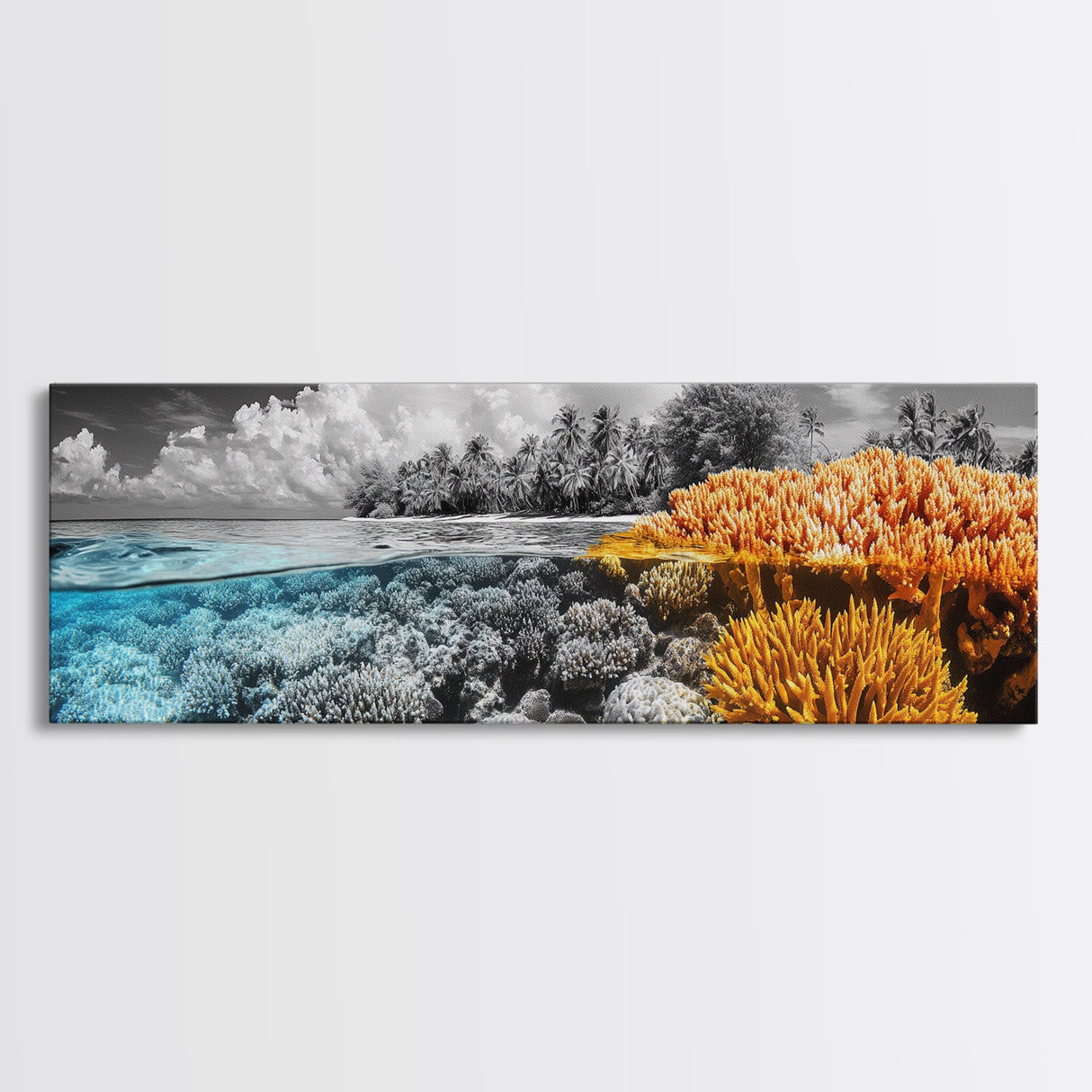 Island Coral Split, Tropical Ocean Scene, Half Above Below Water, Framed Canvas Print, Living Room Wall Art, Beach Boho Decor