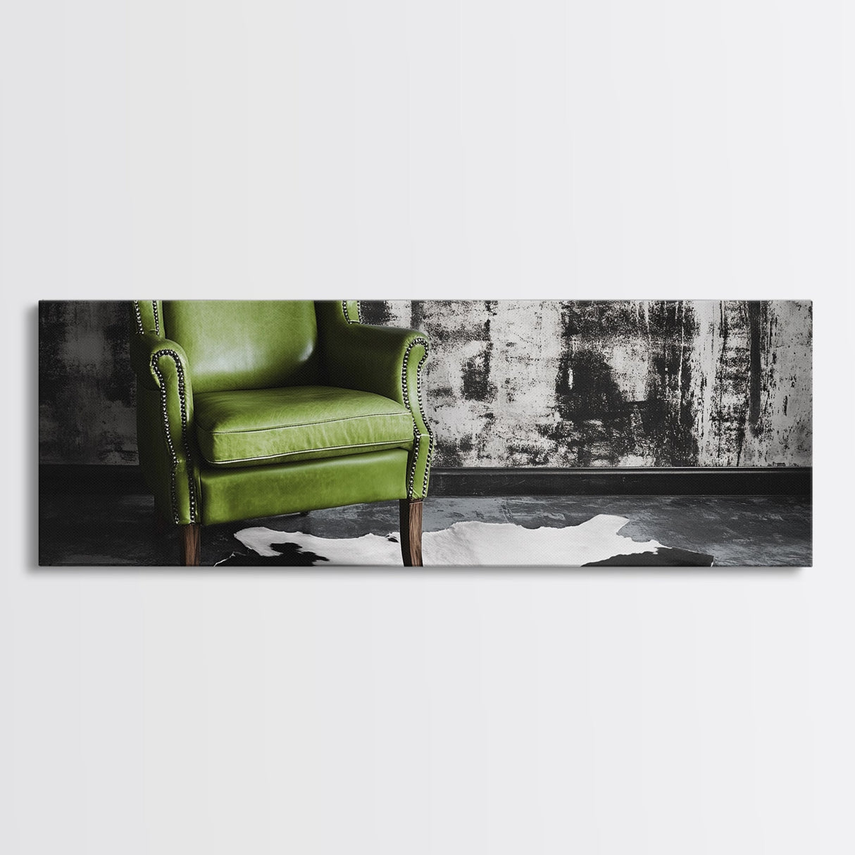 Green Leather Chair, Industrial Urban Scene, Chic Lounge Interior, Framed Canvas Print, Modern Wall Art, Man Cave Office Decor