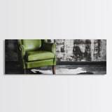 Green Leather Chair, Industrial Urban Scene, Chic Lounge Interior, Framed Canvas Print, Modern Wall Art, Man Cave Office Decor
