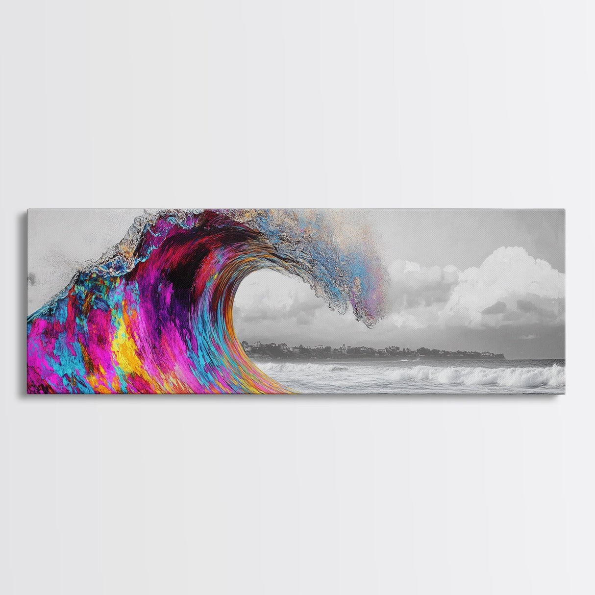 Rainbow Wave Curl, Surf Art Explosion, Vibrant Ocean Energy, Framed Canvas Print, Beach House Decor, Colorful Coastal Wall Art