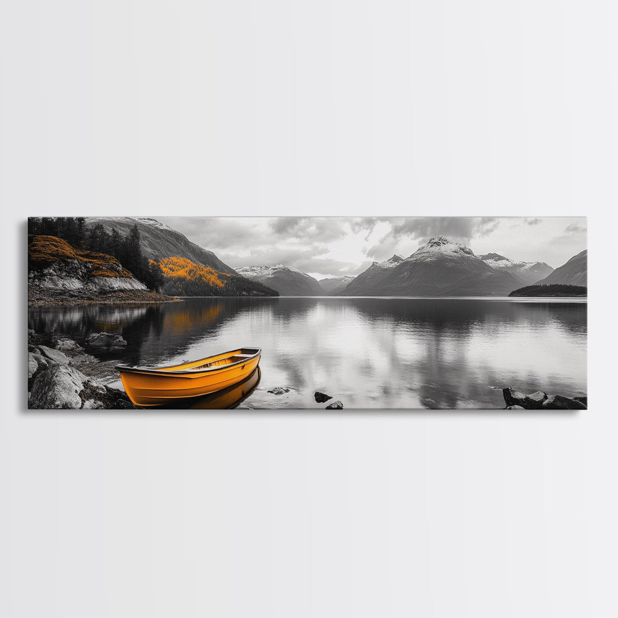 Golden Rowboat Reflections, Lake Mountain Art, Scenic Boat Landscape, Framed Canvas Print, Coastal Wall Art, Fall Living Room Decor