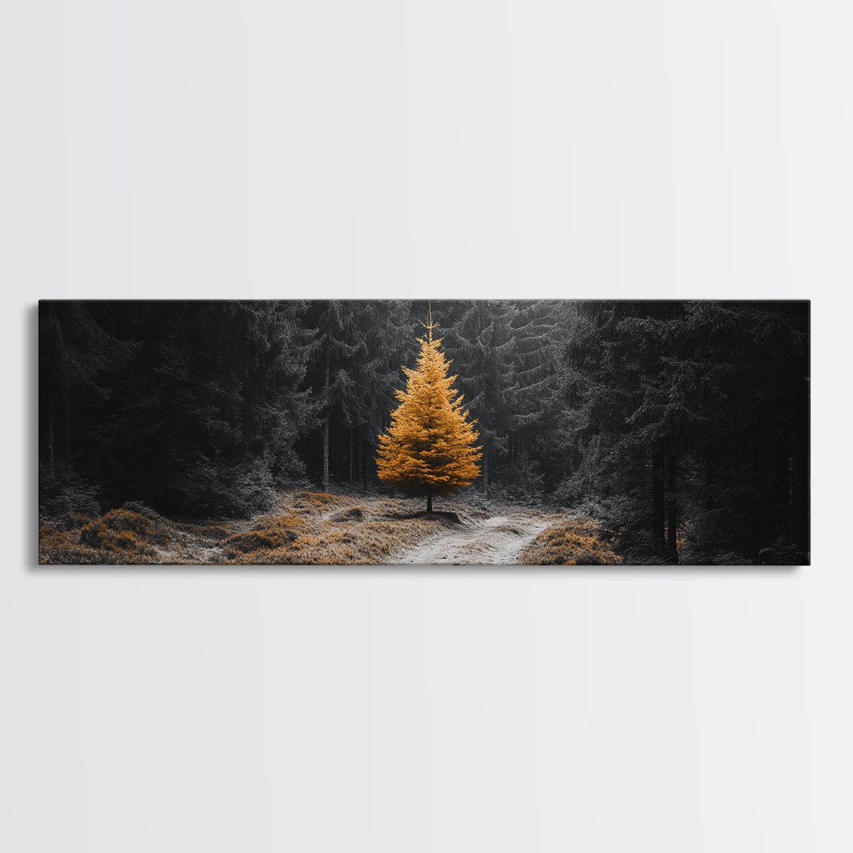 Lone Golden Tree, Forest Path Landscape, Moody Nature Wall Art, Framed Canvas Print, Minimalist Fall Decor, Entryway Accent Piece