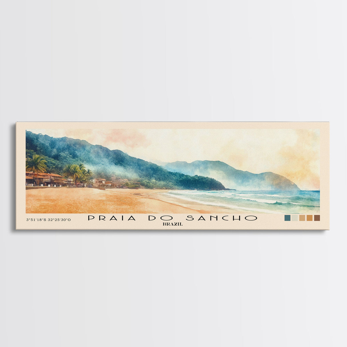 Praia do Sancho, Brazil Watercolor Beach Print, Vacation Gift, Brazil Wall Art, Framed Canvas Print, Framed Beach Painting