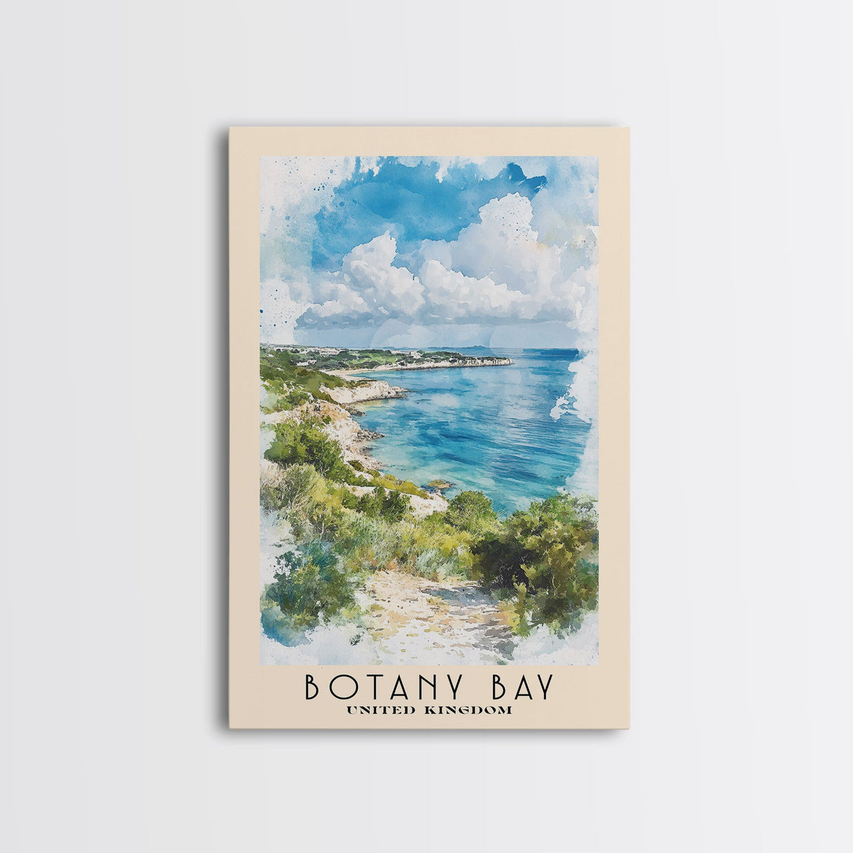 Botany Bay, United Kingdom Watercolor Print, Vacation Gift, United Kingdom Wall Art, Beach Painting, Beach Decor, Large Wall Art, Wood Frame Art