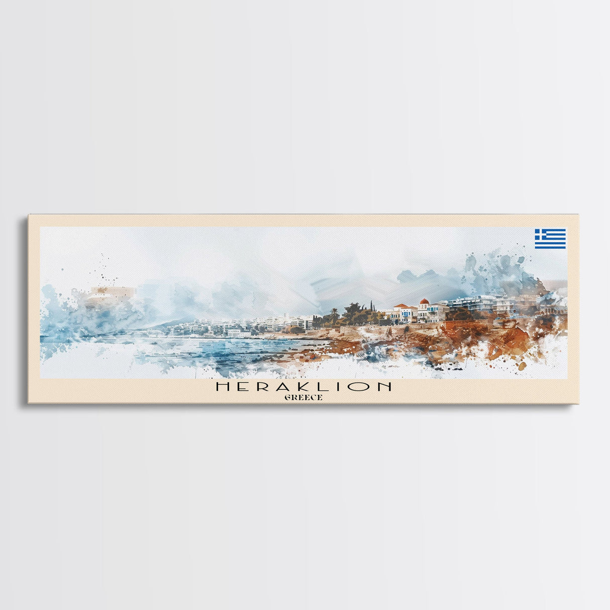 Heraklion Greece Panoramic Travel Poster, Framed Canvas Print or Metal Wall Art, Travel Art, Home Decor, Panoramic Painting, Midcentury Art