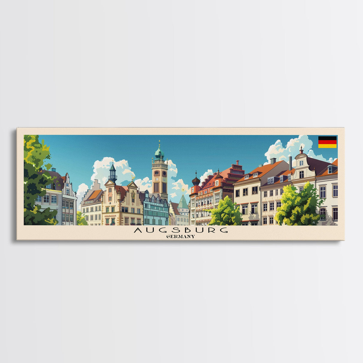 Augsburg Germany Panoramic Travel Poster, Framed Canvas Print or Metal Wall Art, Travel Art, Home Decor, Panoramic Painting, Midcentury Art