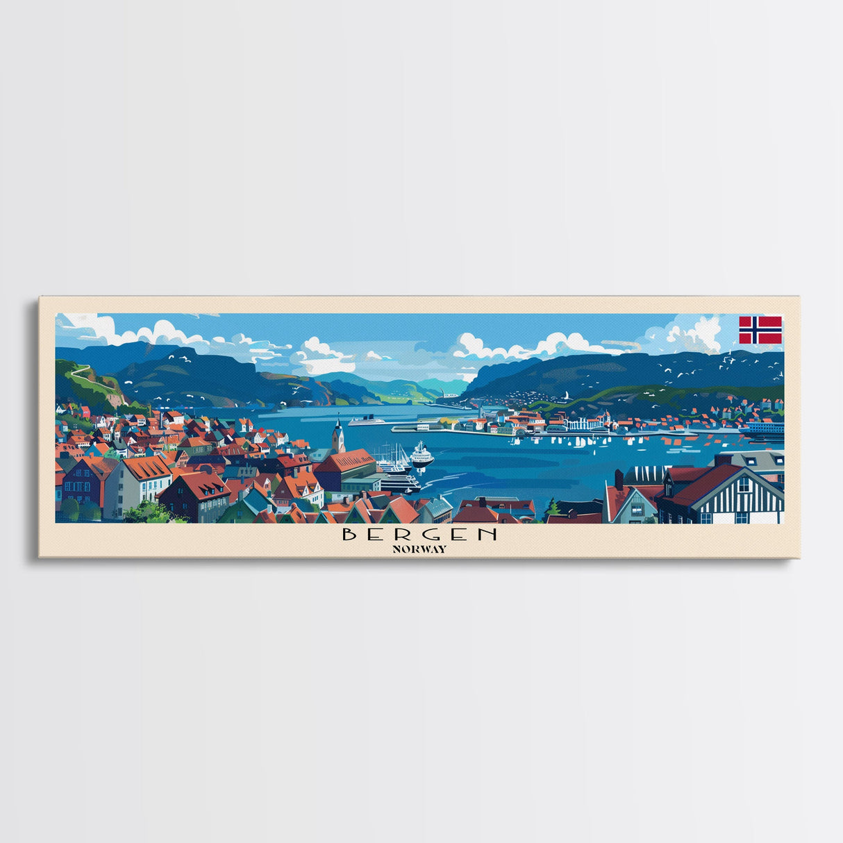 Bergen Norway Wall Art, Panoramic Travel Poster, Panoramic Framed Canvas Print, City Wall Art, Wall Hanging Home Decor, Travel Art