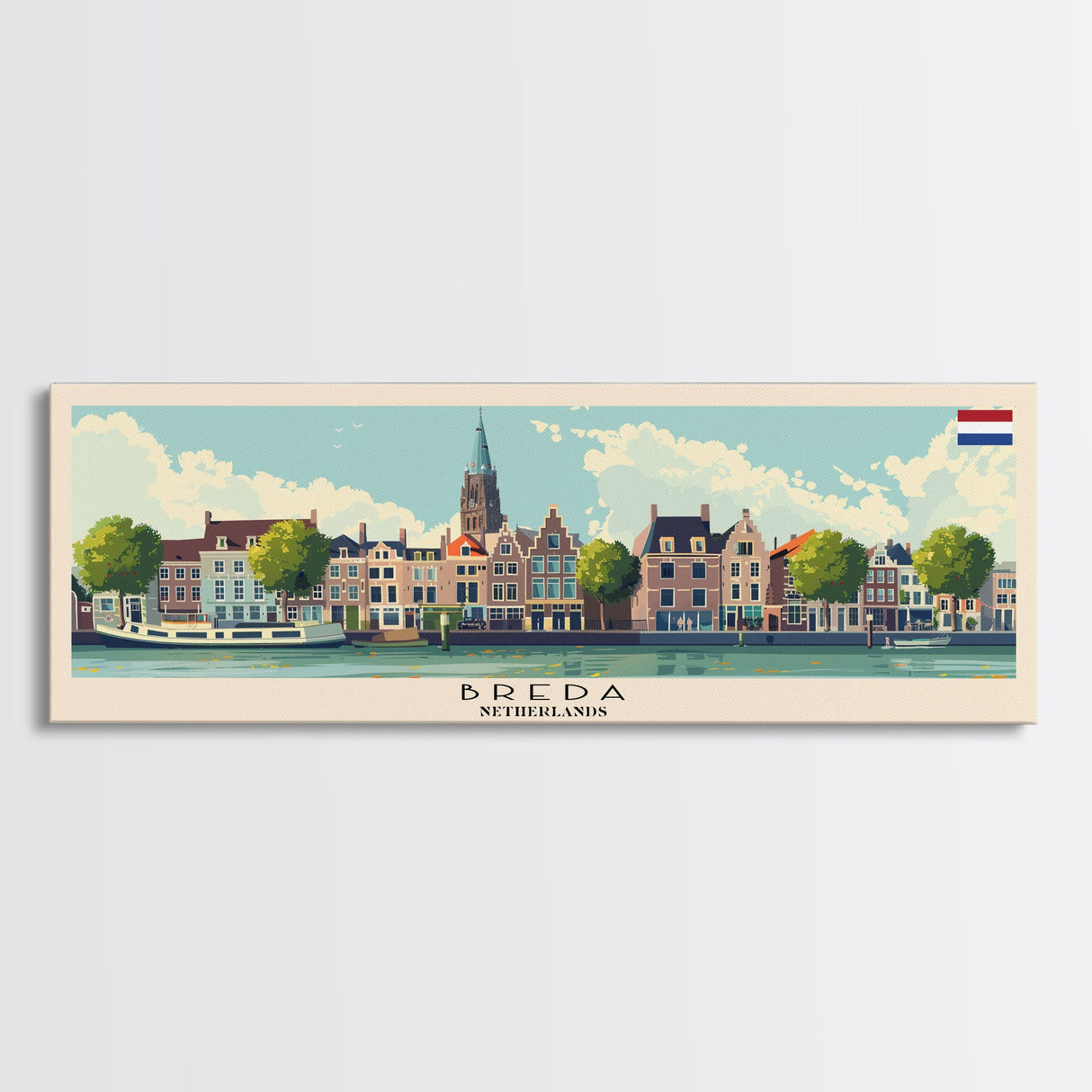 Breda Netherlands Panoramic Travel Poster, Framed Canvas Print or Metal Wall Art, Travel Art, Home Decor, Panoramic Painting, Midcentury Art