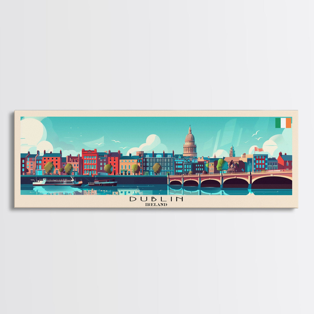 Dublin Ireland Panoramic Travel Poster, Framed Canvas Print or Metal Wall Art, Travel Art, Home Decor, Panoramic Painting, Midcentury Art