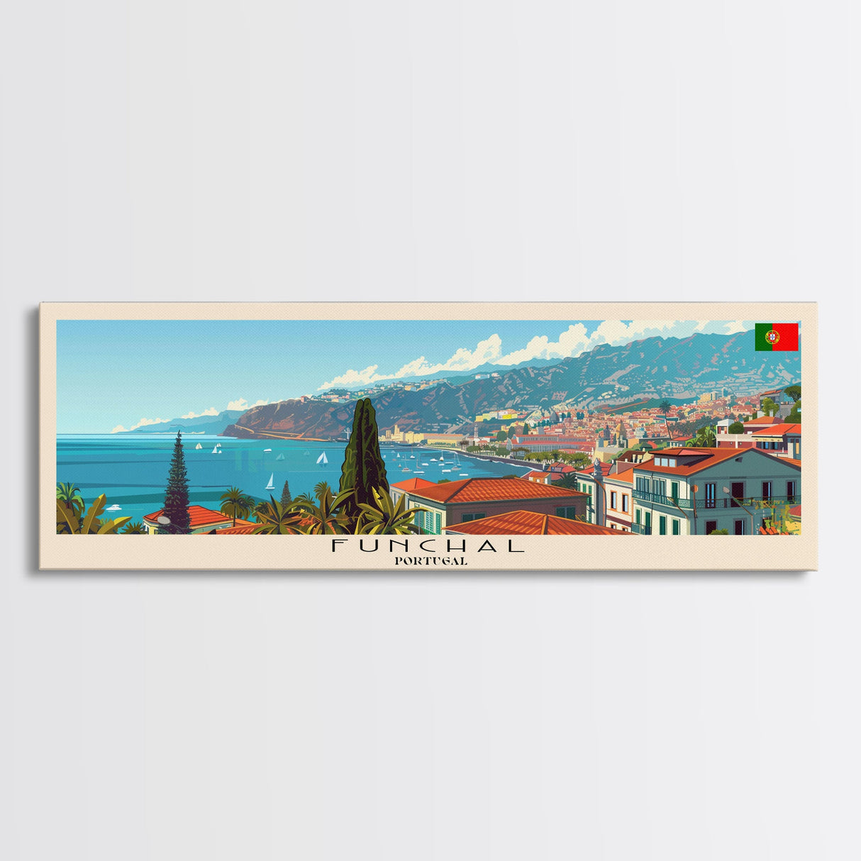 Funchal Portugal Travel Print Wall Art, Panoramic City Art, Travel Art, Wall Decor, Vacation Gift, Framed Canvas Print Or Metal Art