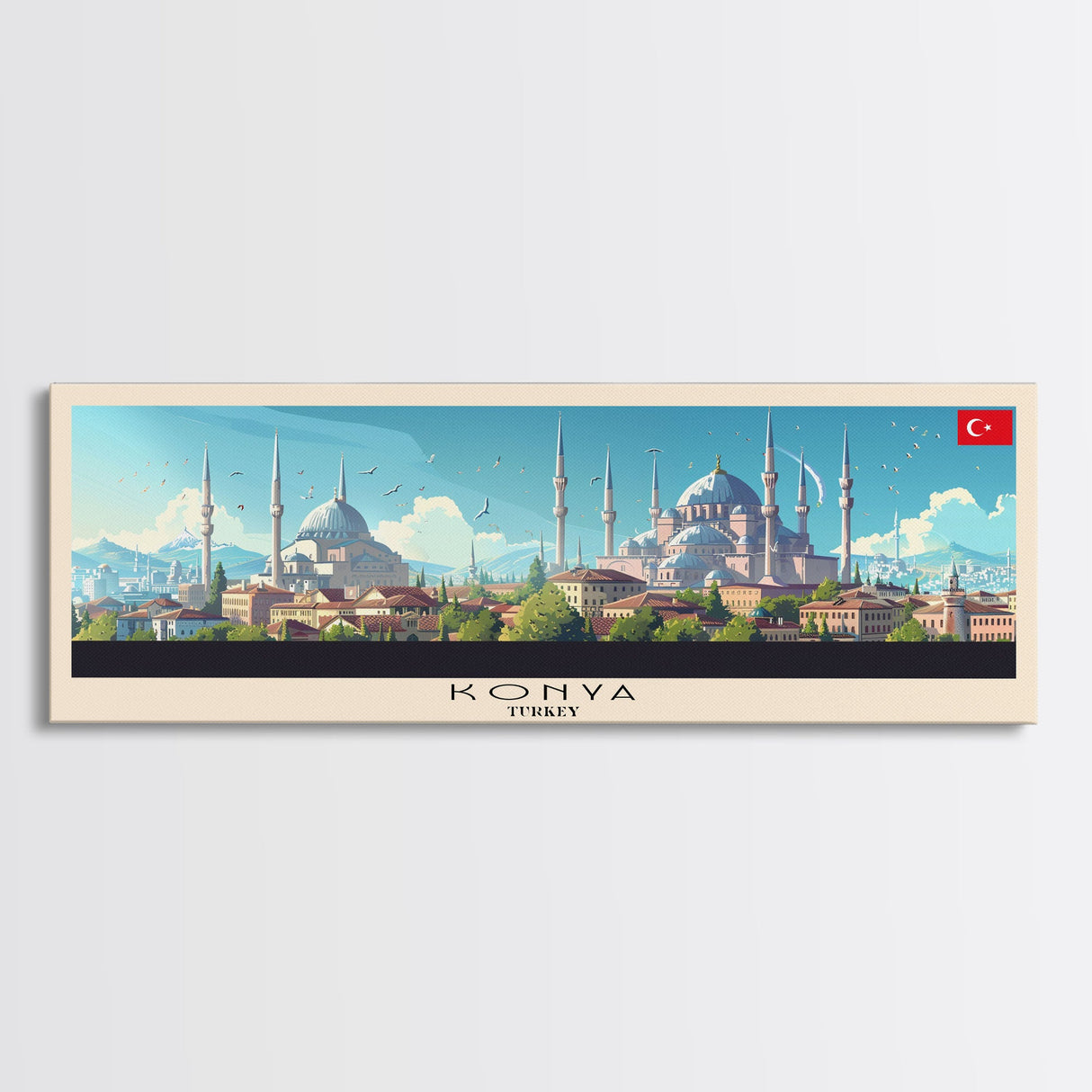 Konya Turkey Panoramic Travel Poster, Framed Canvas Print or Metal Wall Art, Travel Art, Home Decor, Panoramic Painting, Midcentury Art