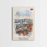 Belfast United Kingdom Travel Poster Framed Canvas Print, Wall Art, Living Room Art, Watercolor Painting, Original Art