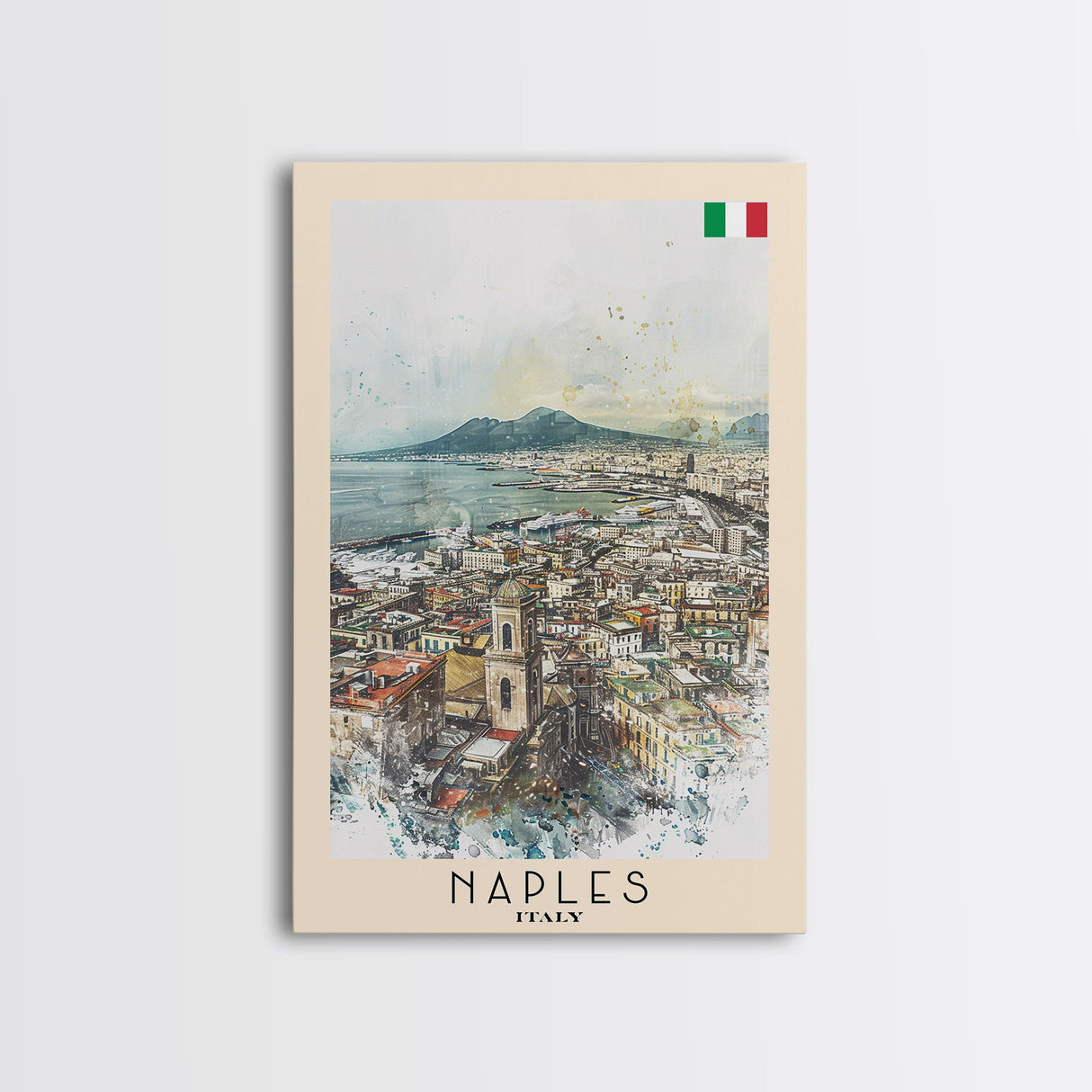 Naples Italy Framed Canvas Print, Scenic Travel Poster, Watercolor Painting, Coastal Wall Art, Home Decor, Vacation Art, Unique Art