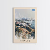 Piraeus Greece Travel Poster Framed Canvas Print, Watercolor Painting, Coastal Wall Art, Home Decor, Greek Seaside, Vibrant Art