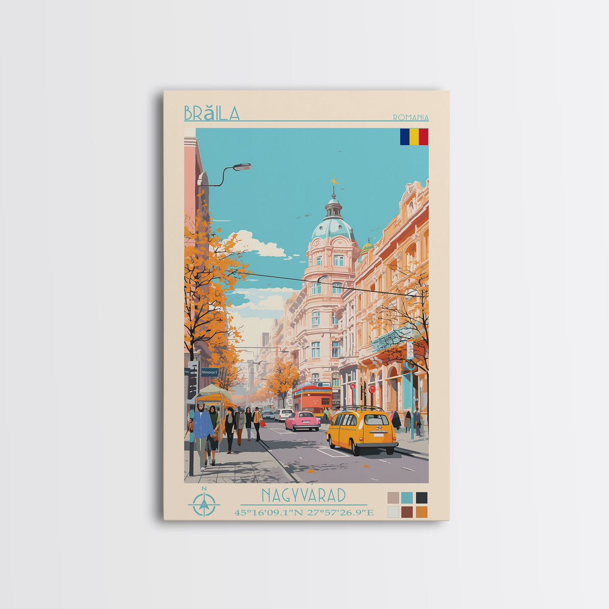 Brăila Romania Travel Poster Framed Canvas Print, Midcentury Modern Art, Pop Art Wall Decor, Home Decor, Vacation Gift, Living Room Art