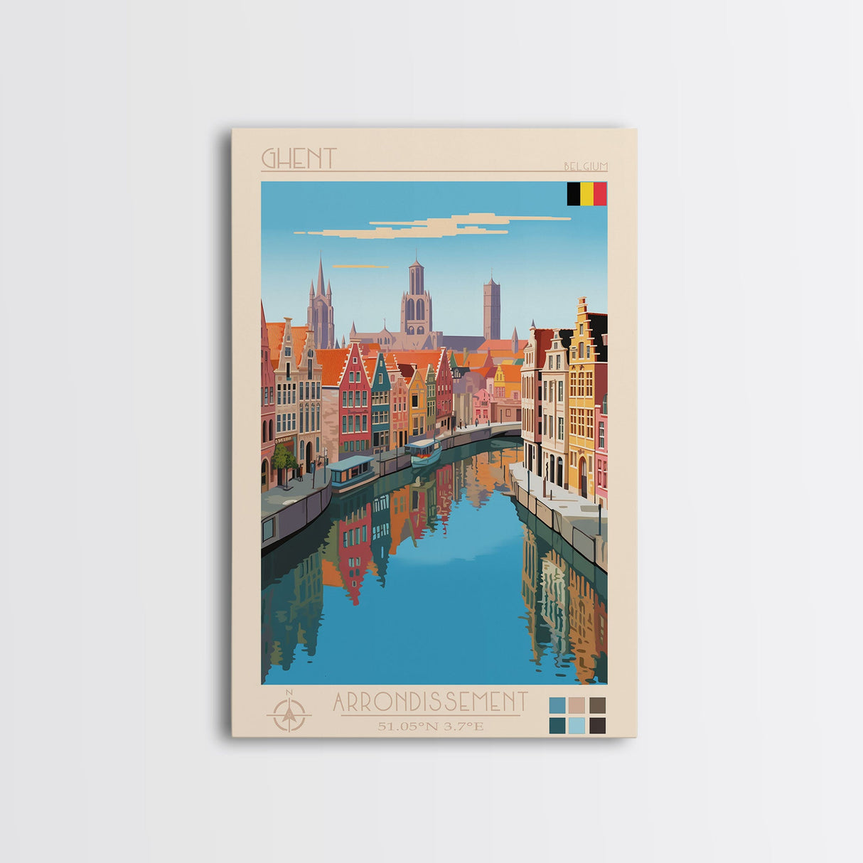 Ghent Belgium Travel Poster Framed Canvas Print, Midcentury Modern Art, Pop Art Wall Decor, Scenic Wall Art, Living Room Decoration, Office Art
