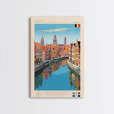 Ghent Belgium Travel Poster Framed Canvas Print, Midcentury Modern Art, Pop Art Wall Decor, Scenic Wall Art, Living Room Decoration, Office Art