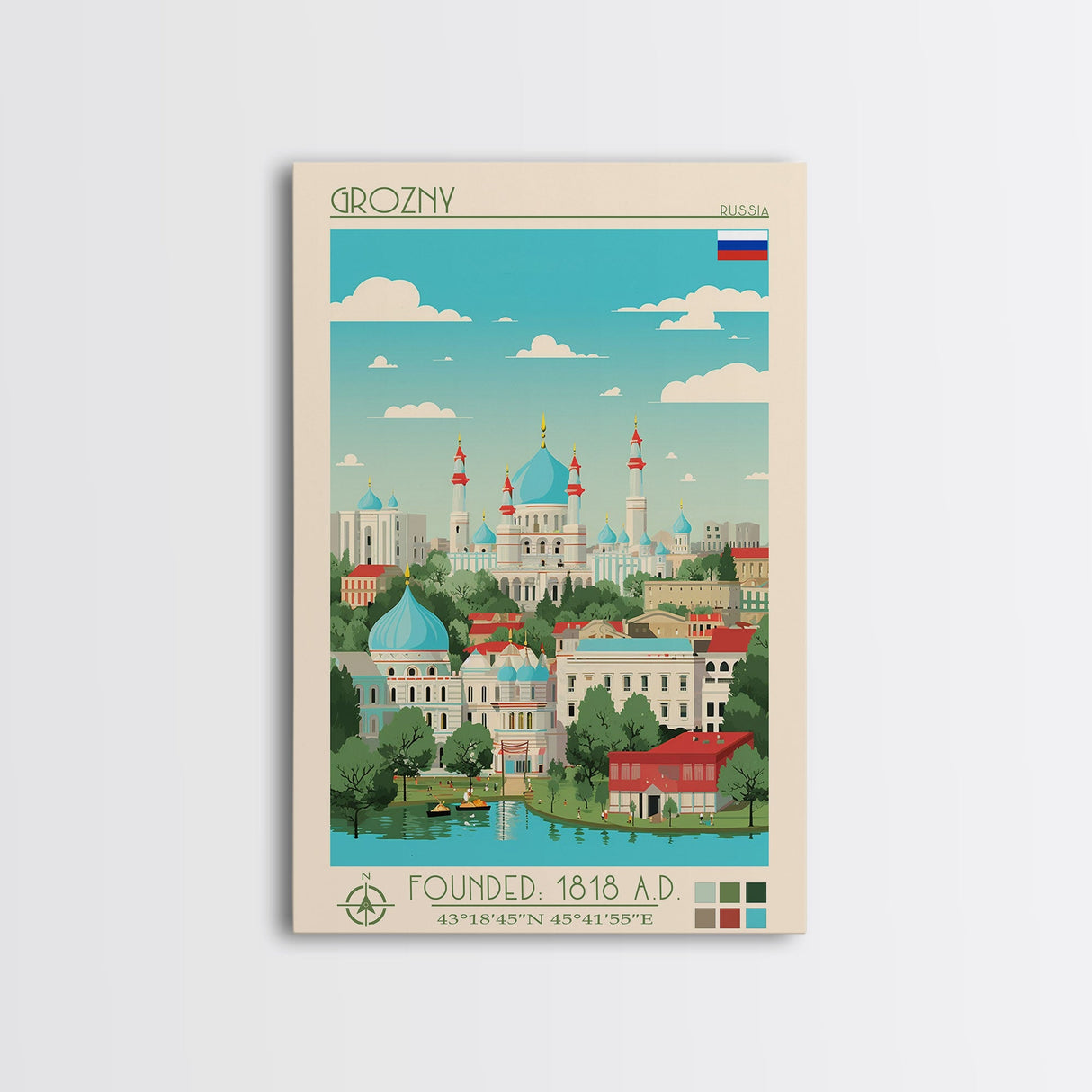 Grozny Russia Travel Poster Framed Canvas Print, Midcentury Modern Art, Pop Art Wall Decor, Scenic Wall Art, Living Room Decoration, Office Art
