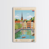 Haarlem Netherlands Travel Poster Framed Canvas Print, Midcentury Modern Art, Pop Art Wall Decor, Scenic Bedroom Art, Office Decoration