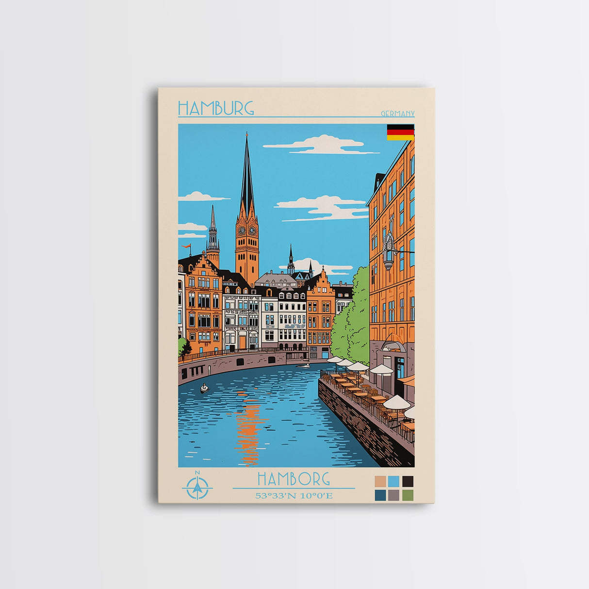 Hamburg Germany Travel Poster Framed Canvas Print, Midcentury Modern Art, Pop Art Wall Decor, Scenic Wall Art, Bedroom Decoration, Office Art