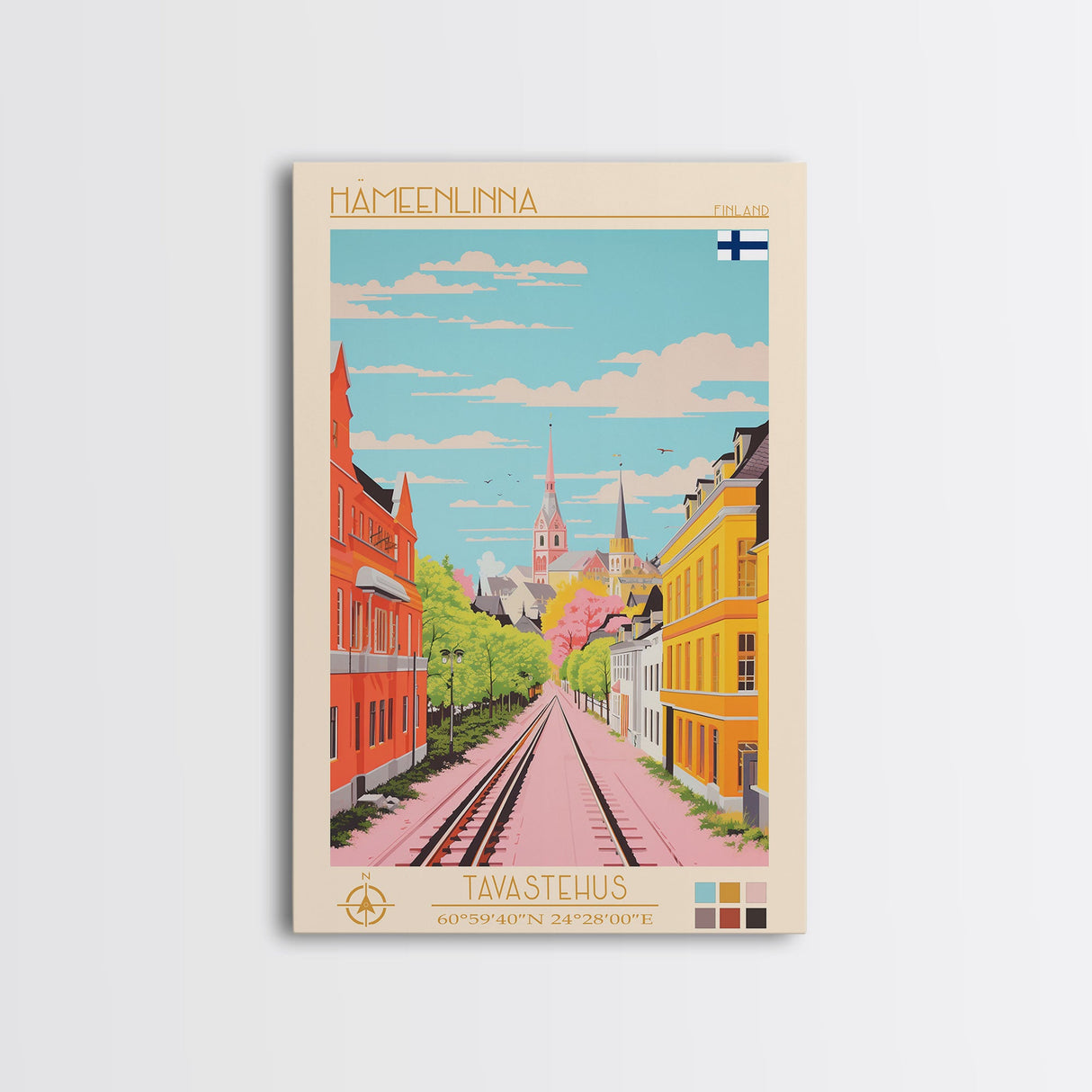 Hämeenlinna City in Finland Finland Travel Poster Framed Canvas Print, Midcentury Modern Art, Pop Art Wall Decor, Home Decor, Vacation Gift, Bedroom Art