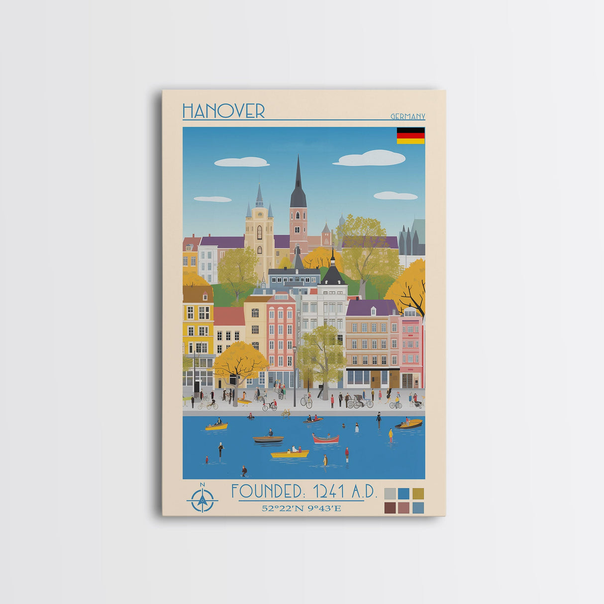 Hanover Germany Travel Poster Framed Canvas Print, Midcentury Modern Art, Pop Art Wall Decor, Scenic Wall Art, Living Room Decoration, Office Art