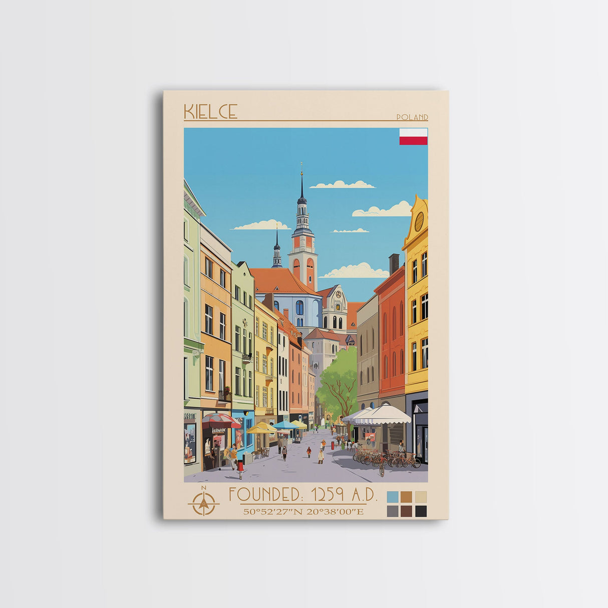 Kielce Poland Travel Poster Framed Canvas Print, Midcentury Modern Art, Pop Art Wall Decor, Scenic Wall Art, Bedroom Decoration