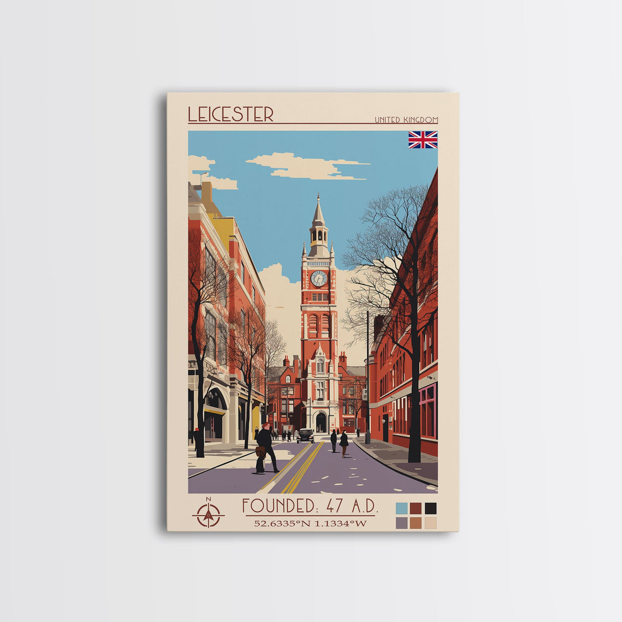 Leicester United Kingdom Travel Poster Framed Canvas Print, Midcentury Modern Art, Pop Art Wall Decor, Home Decor, Vacation Gift, Office Art