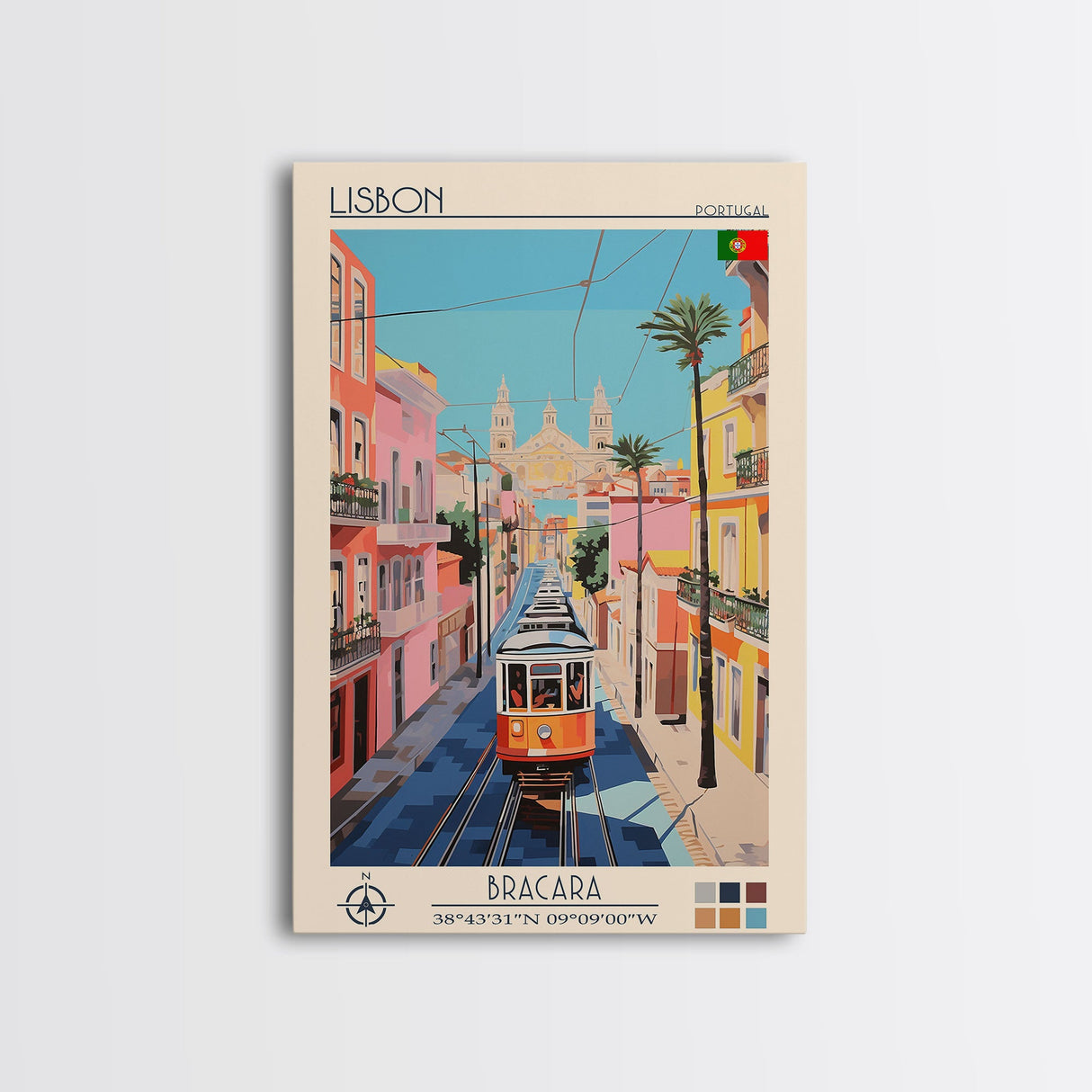 Lisbon Portugal Travel Poster Framed Canvas Print, Midcentury Modern Art, Pop Art Wall Decor, Scenic Art, Living Room and Office Gift