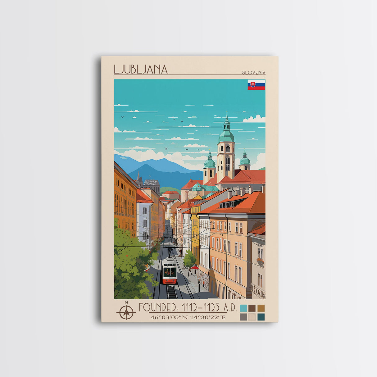 Ljubljana Slovenia Travel Poster Framed Canvas Print, Wall Decor, Midcentury Modern Art, Pop Art, Scenic Art for Bedroom and Living Room