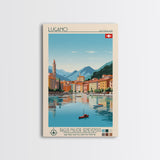 Lugano Switzerland Travel Poster Framed Canvas Print, Midcentury Modern Art, Pop Art Wall Decor, Scenic Art, Bedroom and Living Room Decor