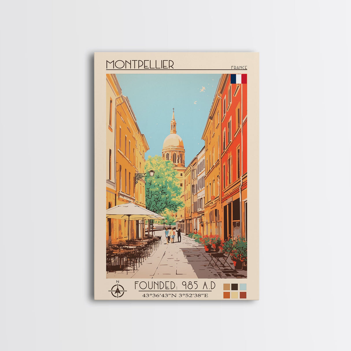 Montpellier France Travel Poster Framed Canvas Print, Midcentury Modern Art, Pop Art Wall Decor, Scenic Living Room Art, Bedroom Gift