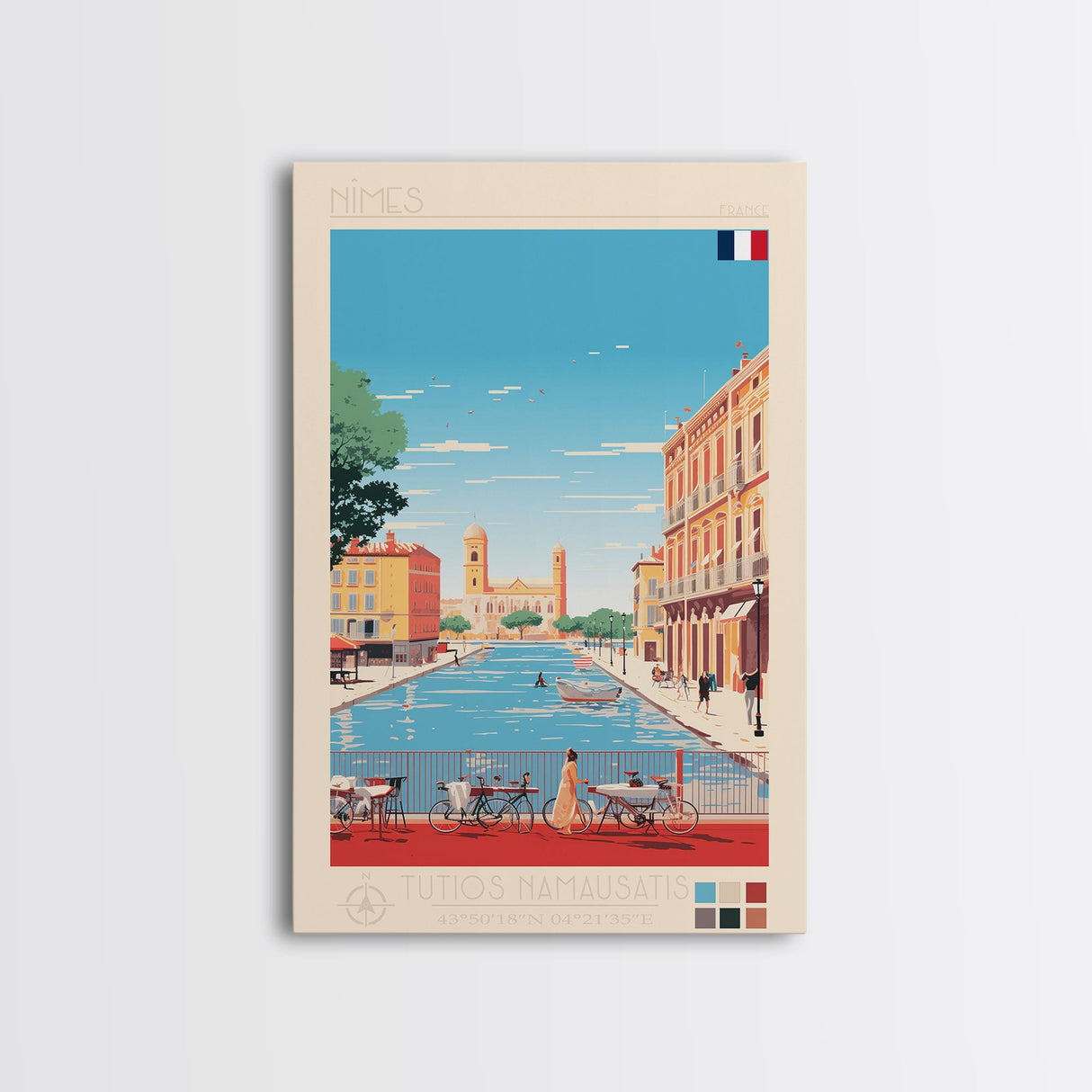 Nimes France Travel Poster Framed Canvas Print, Midcentury Modern Art, Pop Art Wall Decor, Scenic Living Room Art, Bedroom Gift