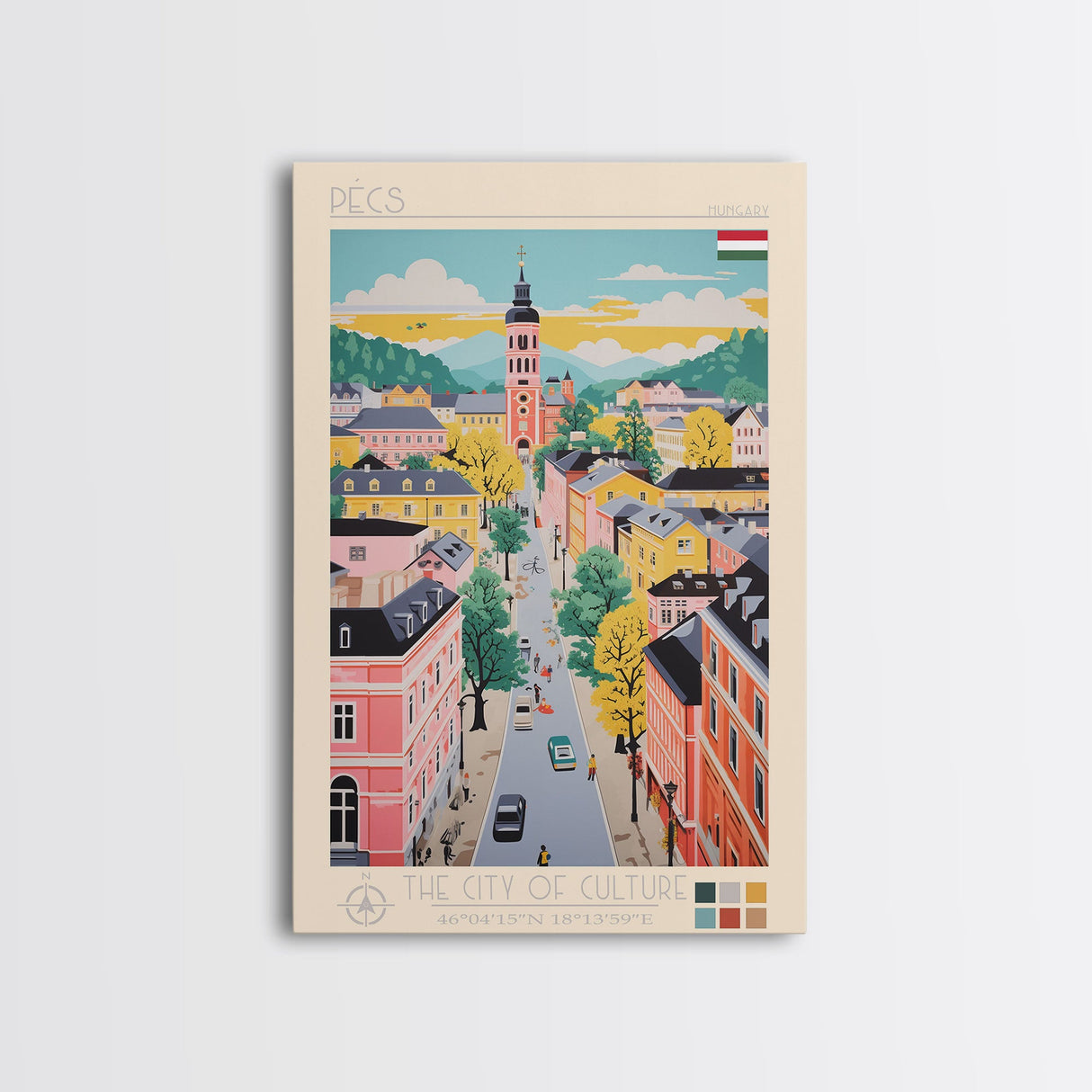 Pécs Hungary Travel Poster Framed Canvas Print, Midcentury Modern Art, Pop Art Wall Decor, Living Room Art, Home Decoration