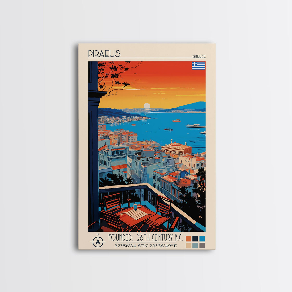 Piraeus Greece Travel Poster Framed Canvas Print, Midcentury Modern Art, Pop Art Wall Decor, Scenic Wall Art, Living Room Decoration, Office Art