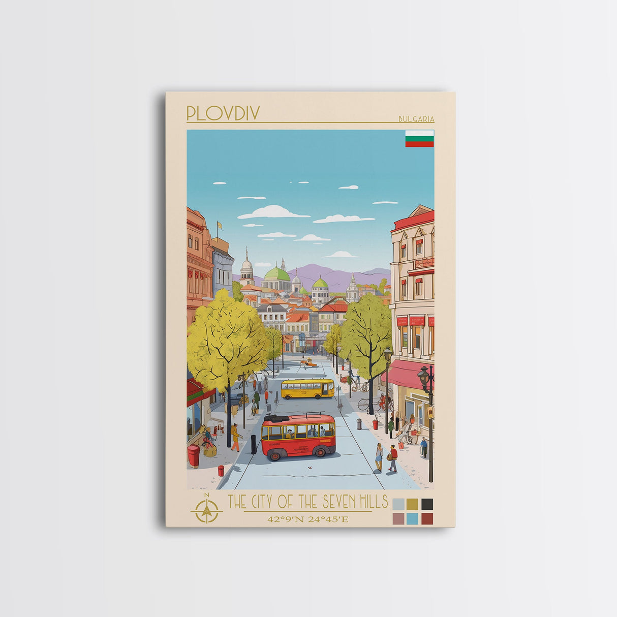 Plovdiv Bulgaria Travel Poster Framed Canvas Print, Midcentury Modern Art, Pop Art Wall Decor, Living Room Art, Home Decoration