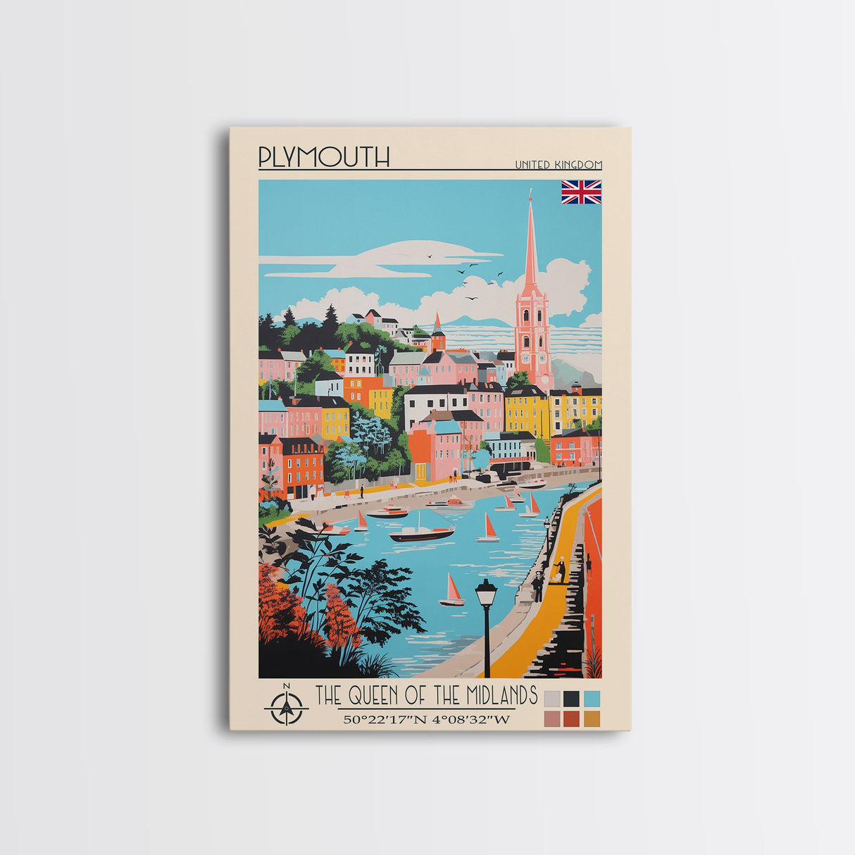 Plymouth United Kingdom Travel Poster Framed Canvas Print, Midcentury Modern Art, Pop Art Wall Decor, Scenic Bedroom Art, Office Decoration