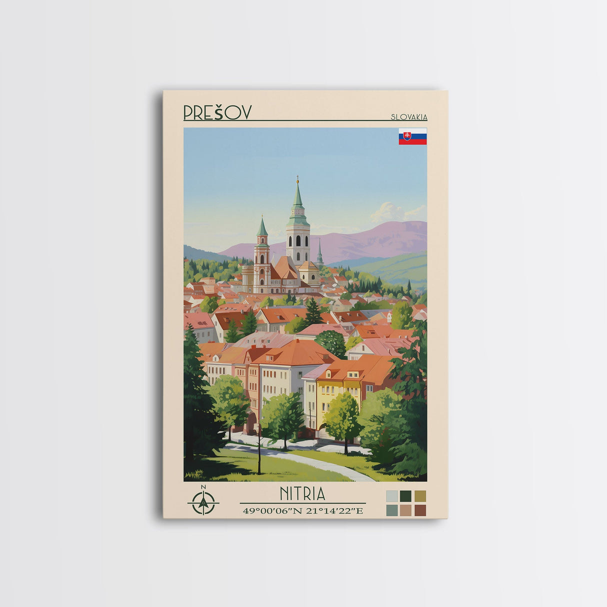 Prešov Slovakia Travel Poster Framed Canvas Print, Midcentury Modern Art, Pop Art Wall Decor, Scenic Living Room Art, Bedroom Gift