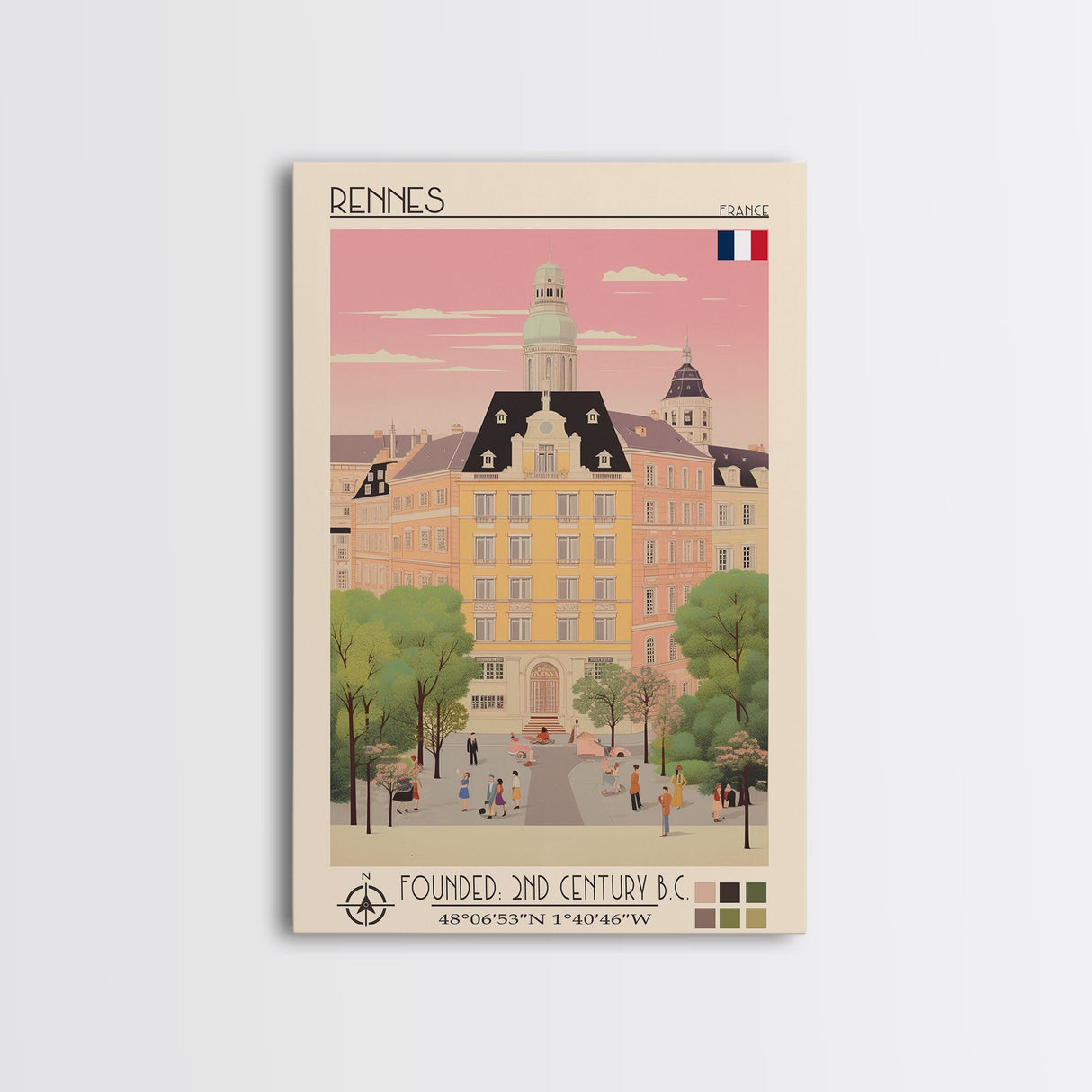 Rennes France Travel Poster Framed Canvas Print, Midcentury Modern Art, Pop Art Wall Decor, Scenic Wall Art, Living Room Decoration, Office Gift