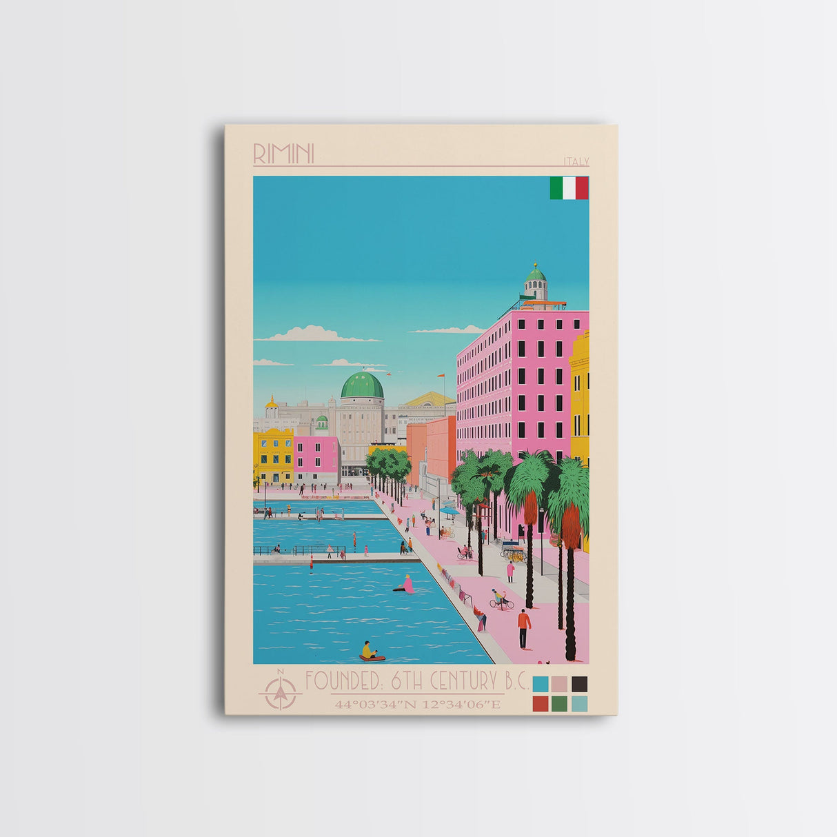 Rimini Italy Travel Poster Framed Canvas Print, Midcentury Modern Art, Pop Art Wall Decor, Scenic Bedroom Art, Office Decoration