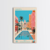 Sabadell Spain Travel Poster Framed Canvas Print, Midcentury Modern Art, Pop Art Wall Decor, Home Decor, Vacation Gift, Office Art