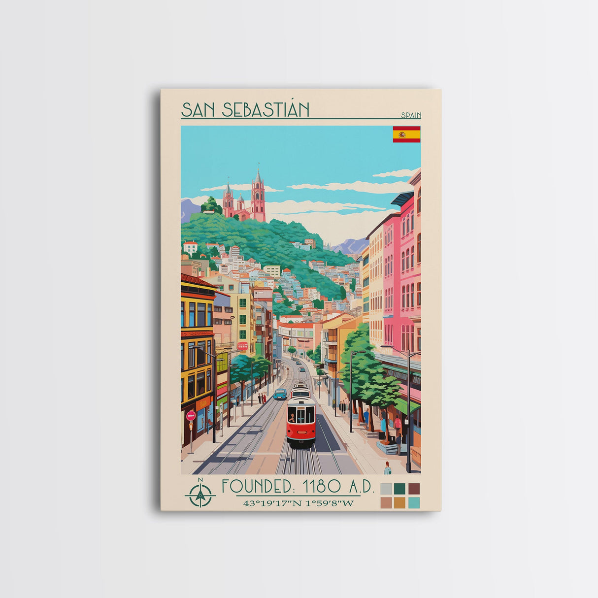 San Sebastian Spain Travel Poster Framed Canvas Print, Midcentury Modern Art, Pop Art Wall Decor, Home Decor, Office Art