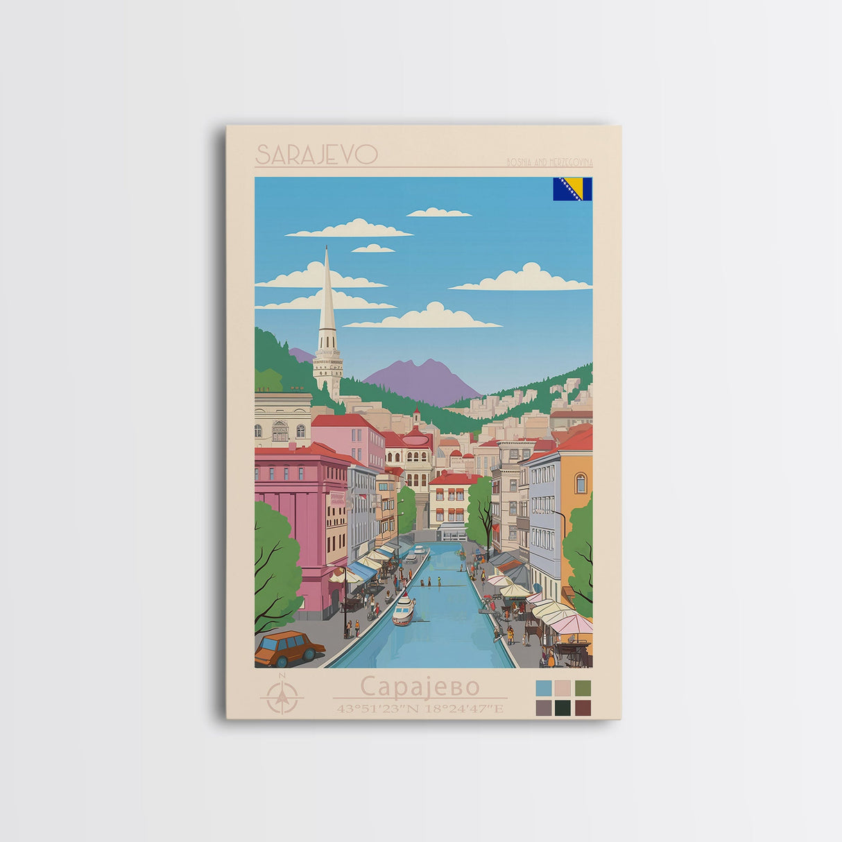 Sarajevo Bosnia and Herzegovina Travel Poster Framed Canvas Print, Midcentury Modern Art, Pop Art Wall Decor, Home Decor, Office Decoration