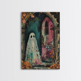 Ghostly Figure at Haunted Door Framed Canvas Print, Halloween Spirit Decor, Spooky Ghost Art, Haunted House Wall Art, Creepy Ghostly Print